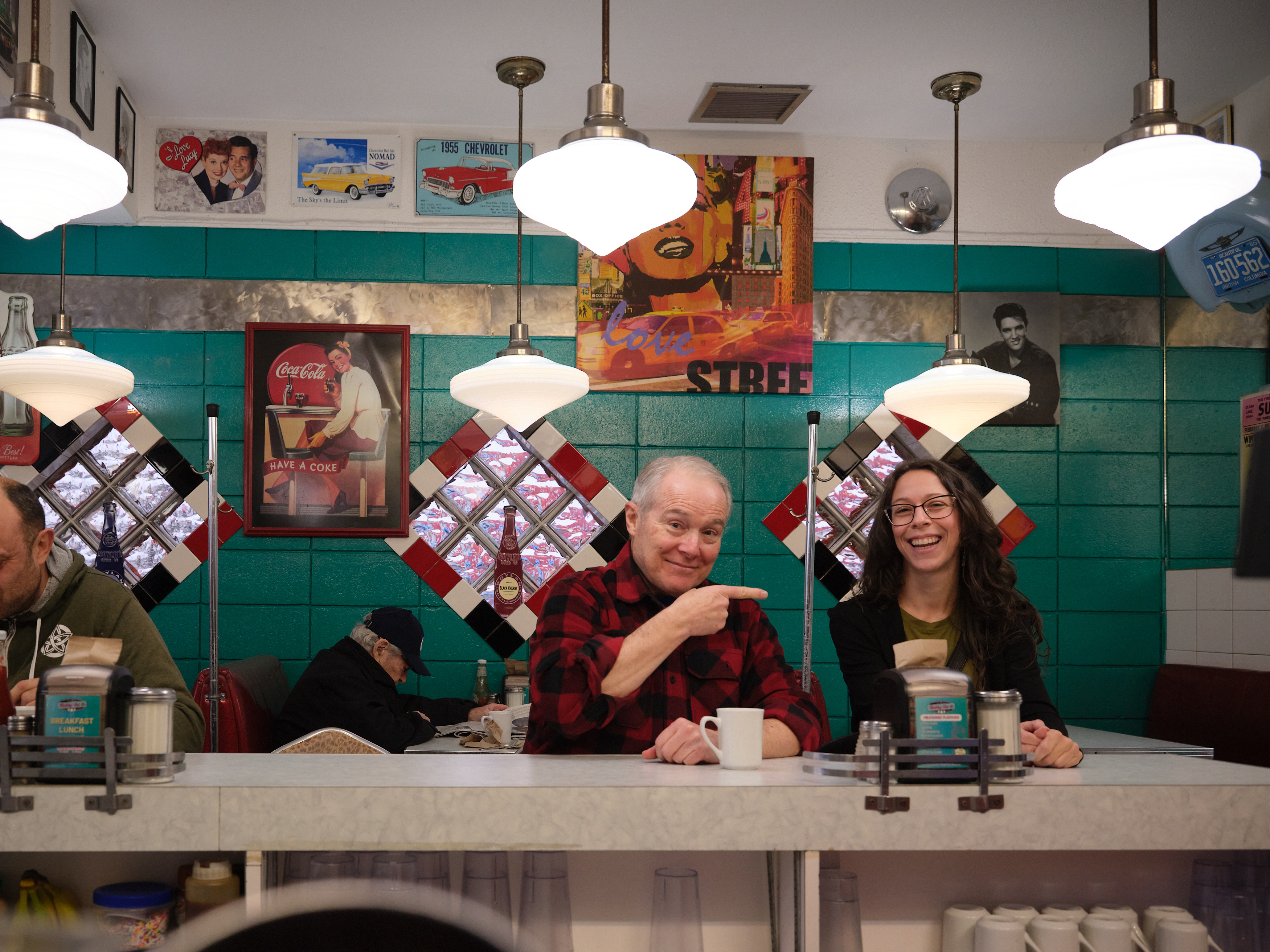 Fred enjoying a meal at Bobby Sox Diner with Kari Barrett, Marketing and Communications Coordinator with the Alzheimer Society of B.C.