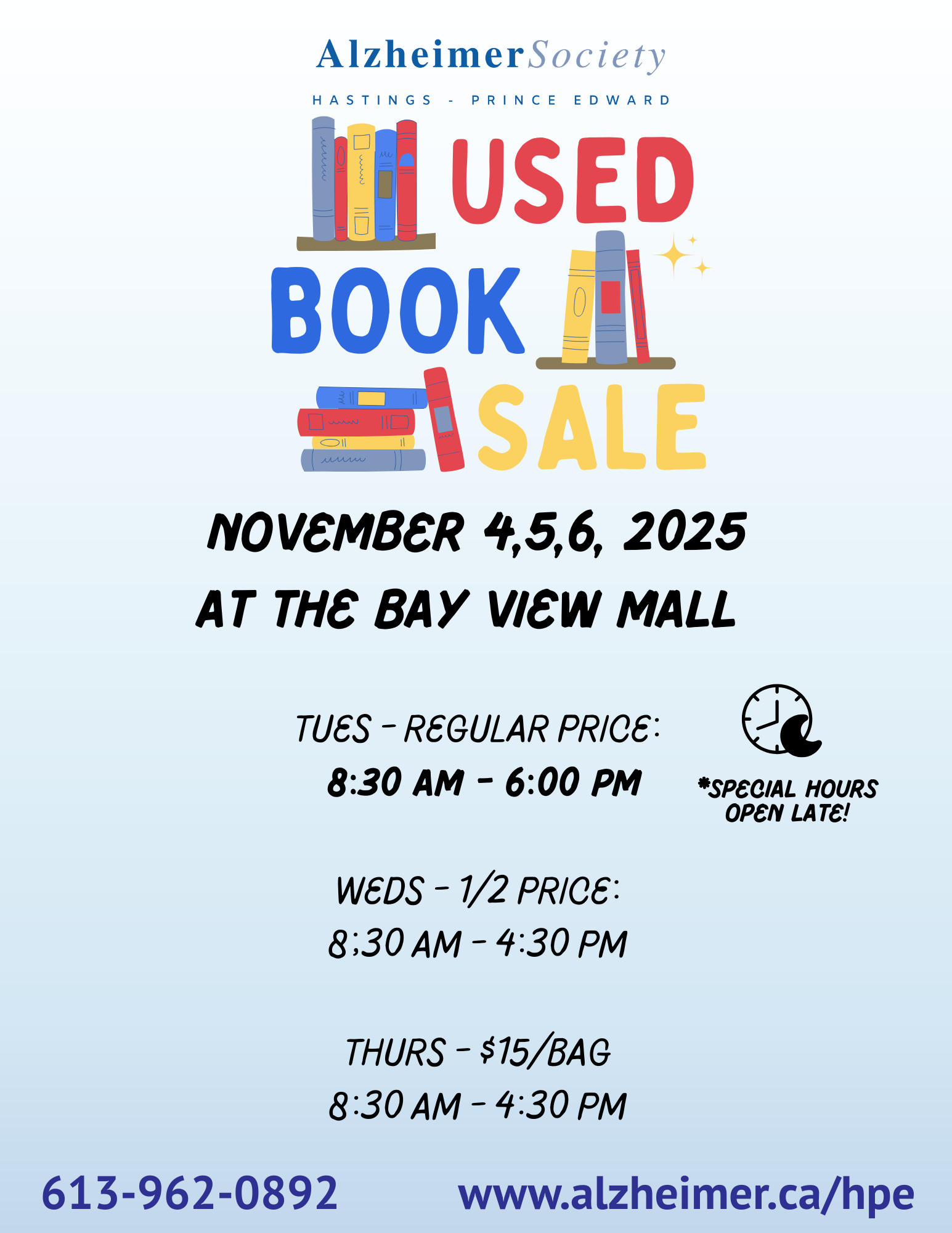 november used book sale, november 4,5,6, 2025 at Bay View Mall 